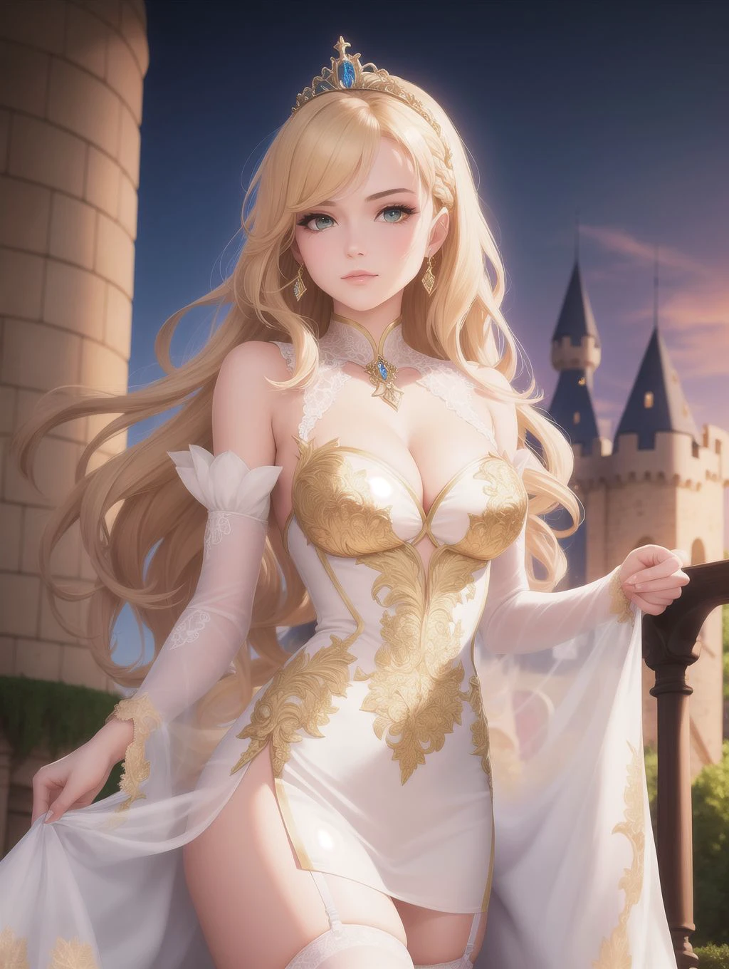solo, masterpiece, best quality, perfect face, medium shot of a fantasy princess with braided blonde hair and a tiara, cleavage, transparent lace dress (white and gold), stockings, elegant and intricate, (castle balcony:1.2)