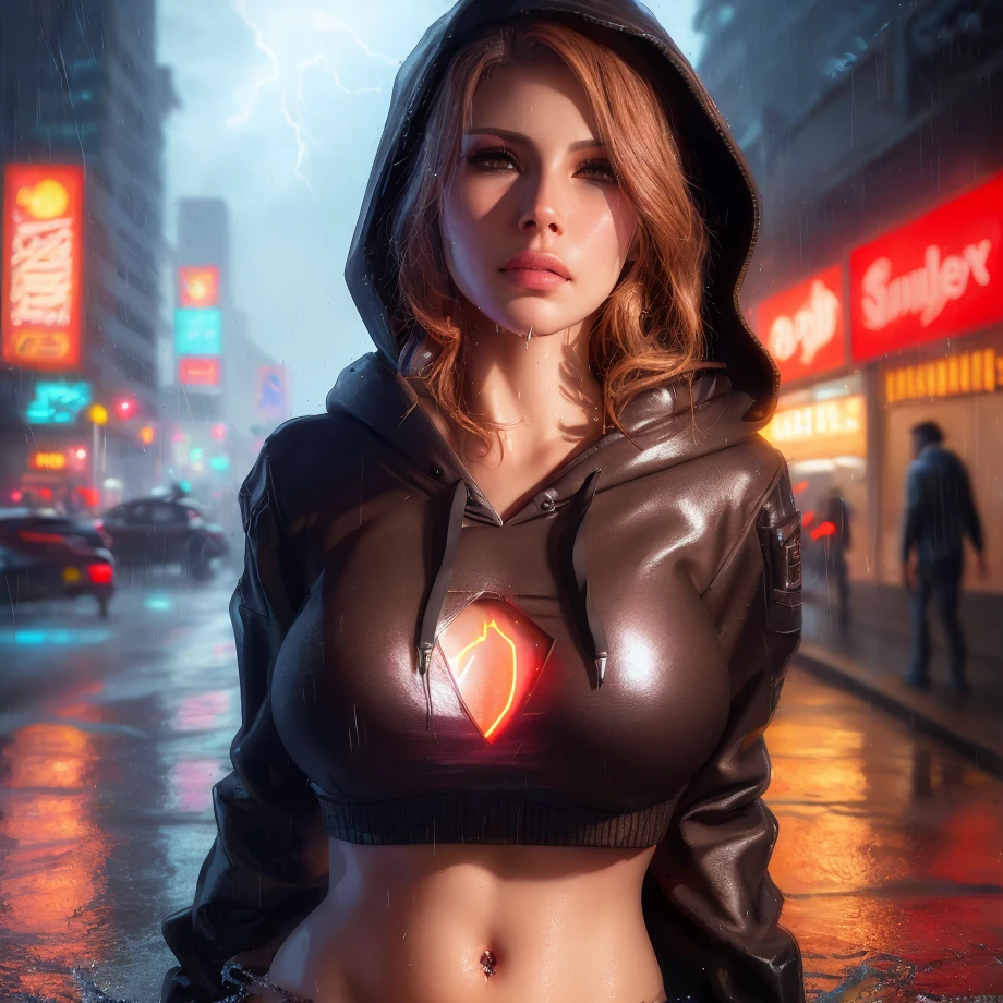 best quality, masterpiece, cinematic, realistic, cyberpunk, cyberpunk city, neon, volumetric lighting, black sky, (raining, thunderstorm), 1girl, (scarlet witch clothing, hoodie, pants, punk clothes), (flowing blonde hair), water reflecting off ground, bubble butt, No-one25, (dark brown eyes), big breasts, closed mouth