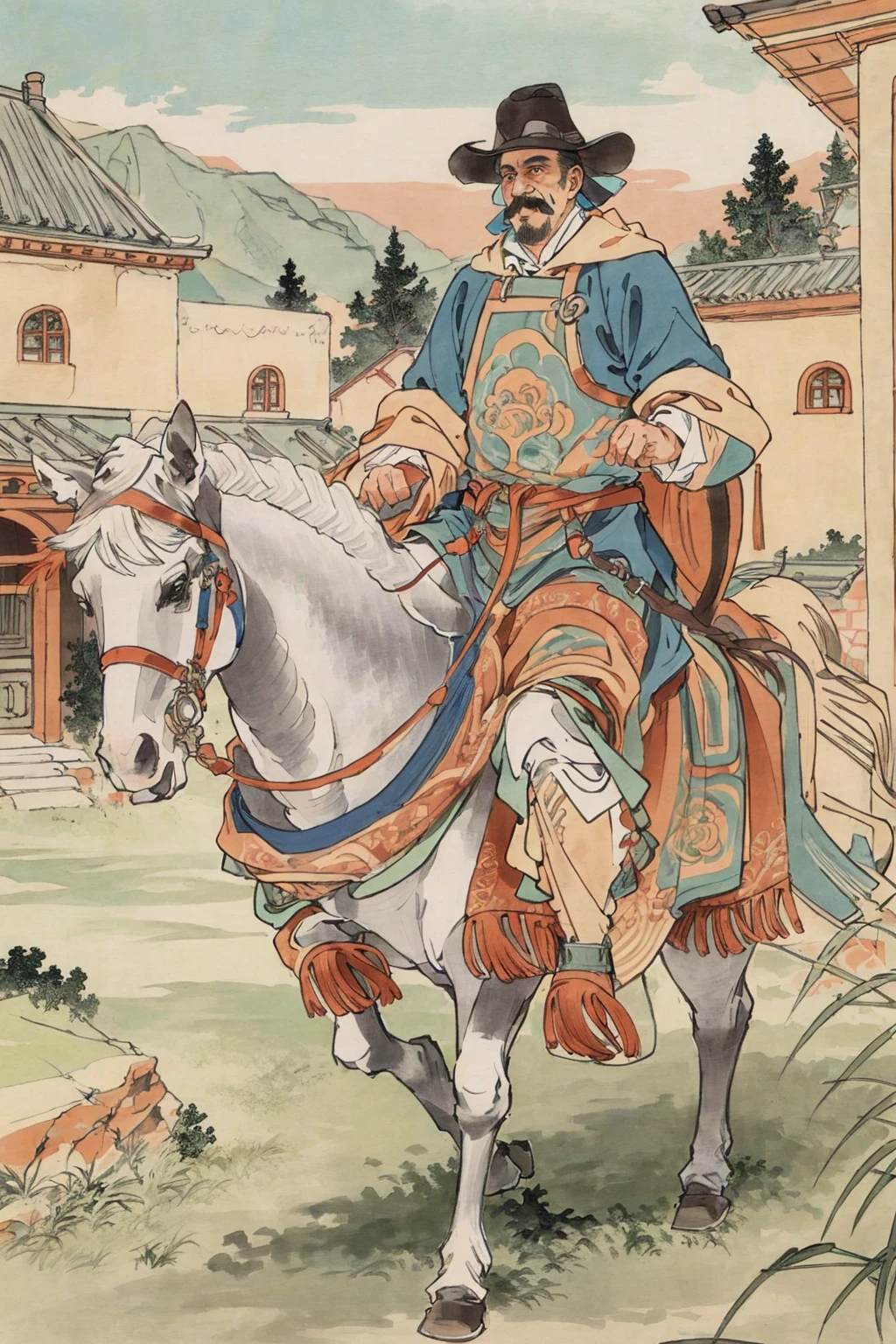 shz,((best quality)), ((masterpiece)), (detailed), realistic, multiple boys,(riding horse),mustache, looking at viewer, outdoors,house, amy,horse
