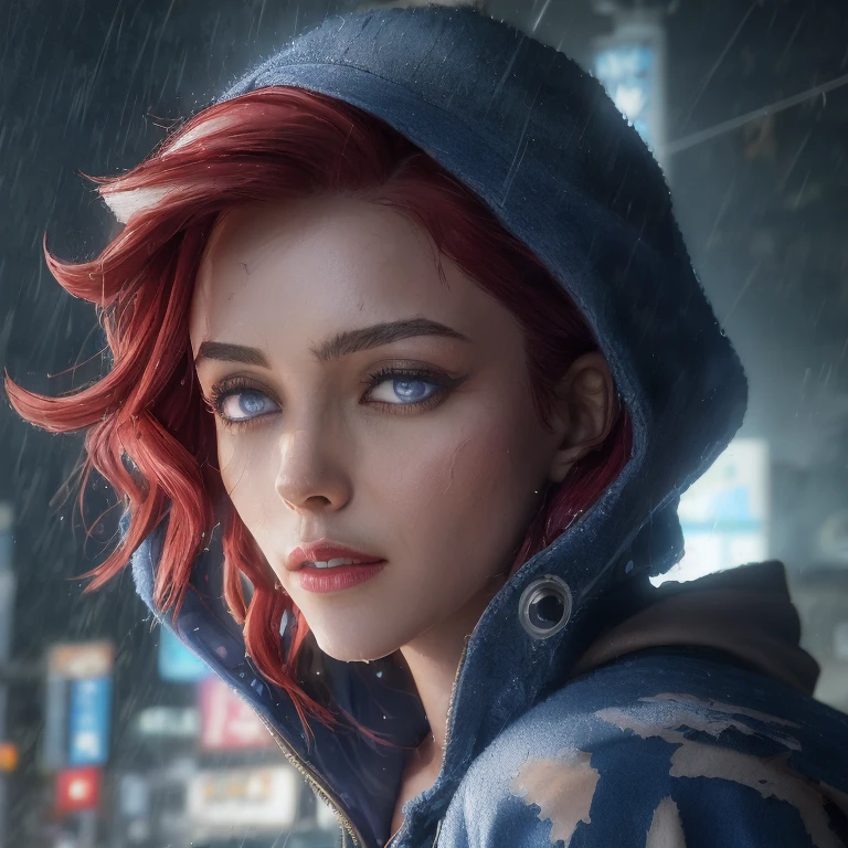 best quality, masterpiece, cinematic, realistic, cyberpunk, cyberpunk city, neon, volumetric lighting, black sky, (raining, thunderstorm), 1girl, (scarlet witch clothing, hoodie, pants, punk clothes), (flowing red hair), water reflecting off ground, ((hidden face)), close up, (torn clothes), bubble butt, No-one16, dark blue eyes