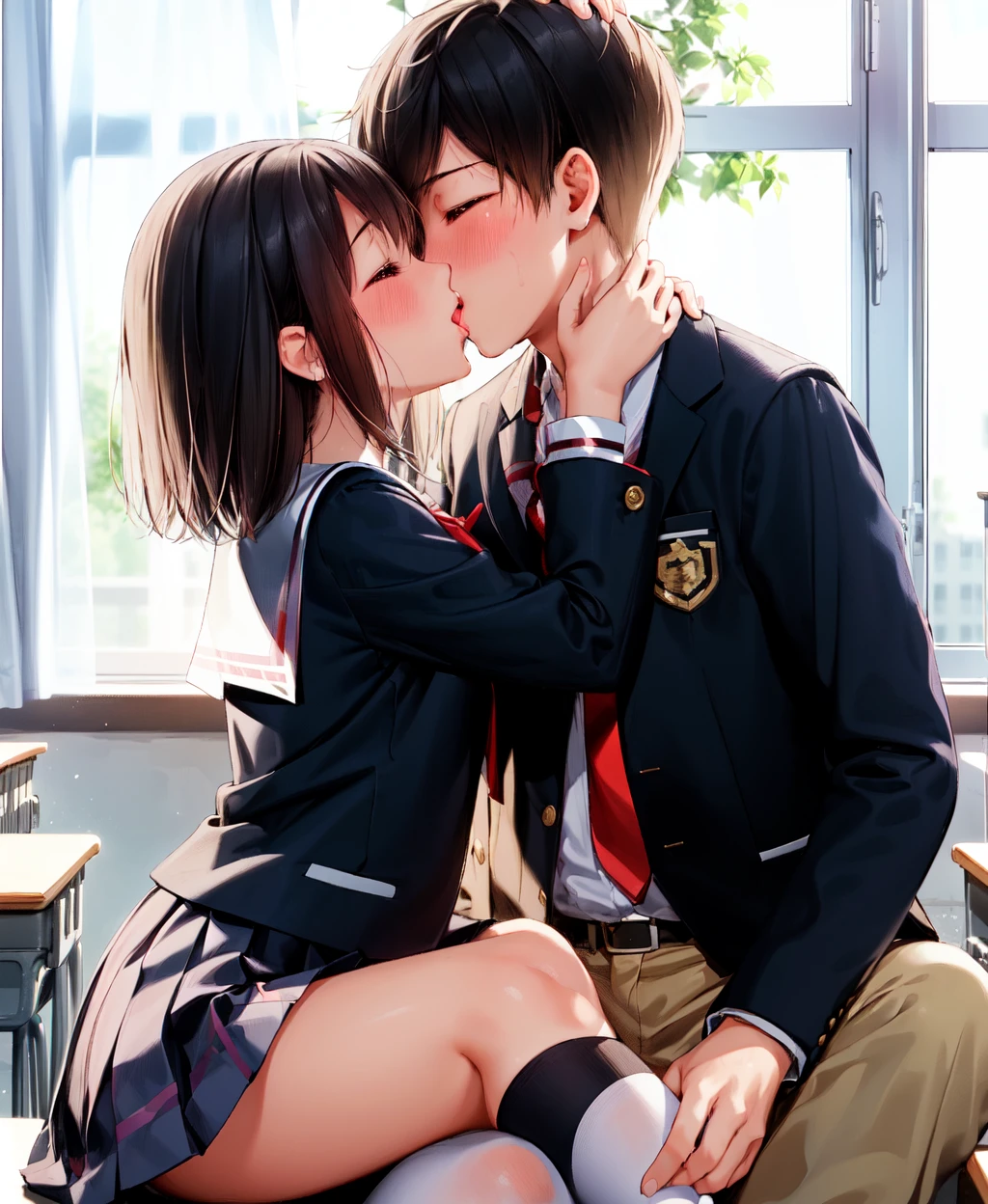 1girl, ((((1boy)))) <lora:AnimeKiss:0.7>, school uniform, kiss,