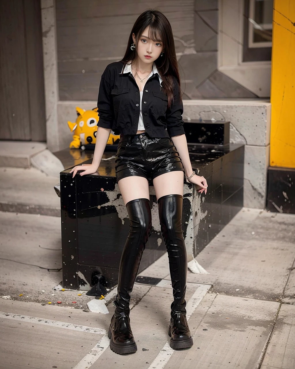 dynamic angle, full body, wide shot, best quality, ultra high res, (photorealistic:1.4), 1girl, solo, fashion, white collared shirt, black shorts, blonde hair, black jacket,  (black tights:1.4), sugar_botz,  black patent leather thigh boots,  <lora:SUGARV2-000008:0.6>, <lora:futuaner_V1:0.85>, futuaner,