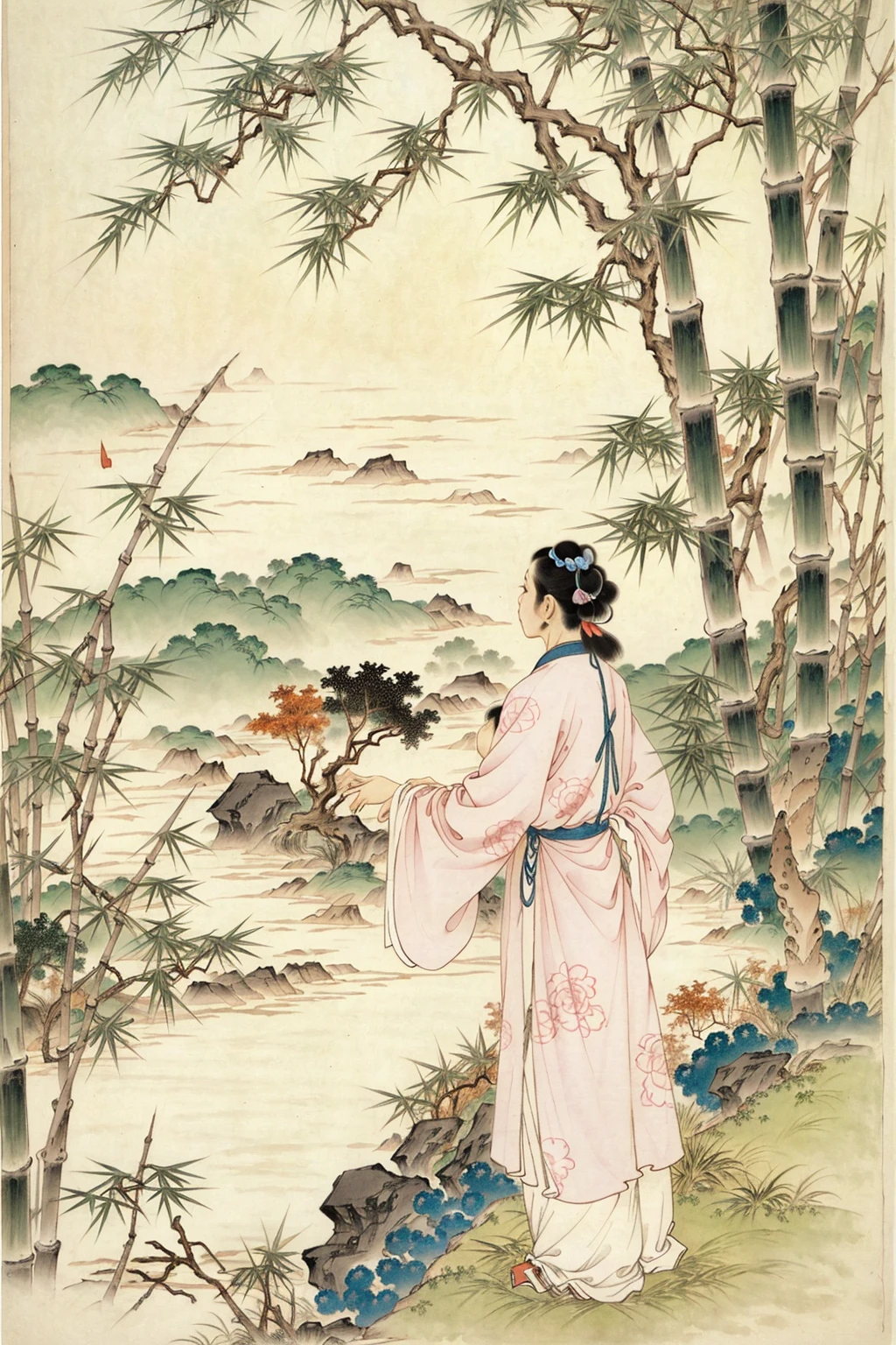 colorwater, negative space, girl, woman, lips, (trees:0.5), (flowers:0.6) ,(birds:0.2), (bamboo0.1), lakes, Hangzhou,