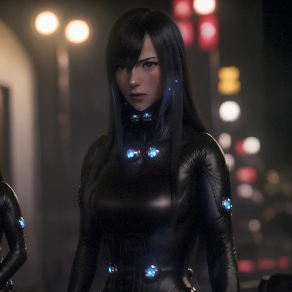 <Tokyo night city background>,(8k, RAW photo, best quality, masterpiece:1.2), (realistic, photo-realistic:1.37), 1girl, solo, mid shot,ultra detail, reika,large breasts, black leather bodysuit, jewelry, full body, black eyes, cyberpunk, night, fighting,  spotlight, weapon,