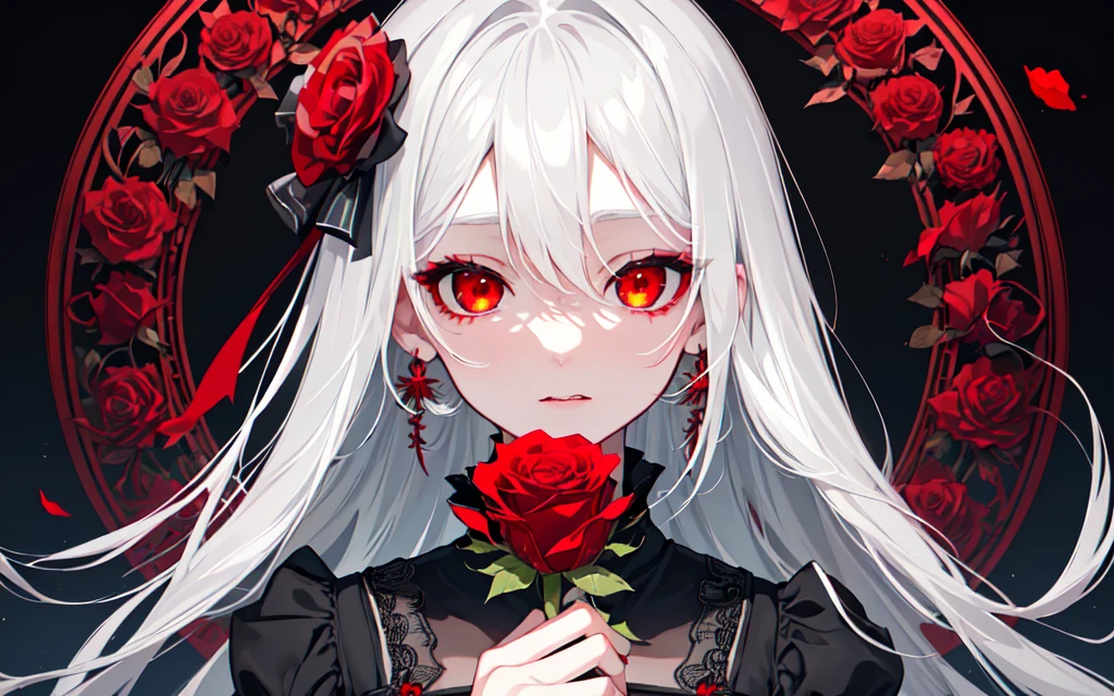 (best quality, masterpiece), (1girl, solo, black dress, standing , looking at viewer, white hair, red eyes, holding rose, upper body), (red dreamcatcher behind, red flower over mouth, )