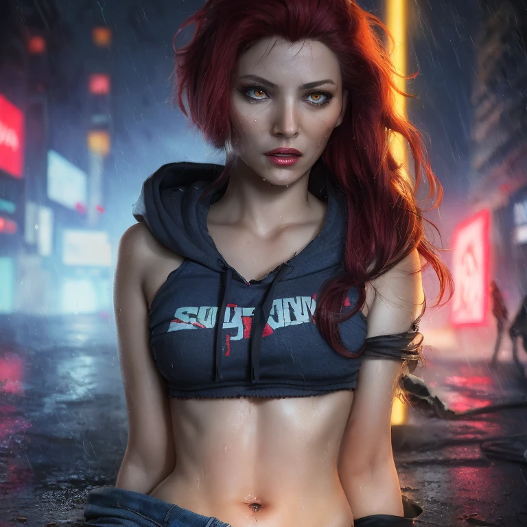 best quality, masterpiece, cinematic, realistic, cyberpunk, cyberpunk city, neon, volumetric lighting, black sky, (raining, thunderstorm), 1girl, (scarlet witch clothing, hoodie, pants, punk clothes), (flowing red hair), water reflecting off ground, ((hidden face)), close up, (torn clothes), bubble butt, No-one17, dark blue eyes