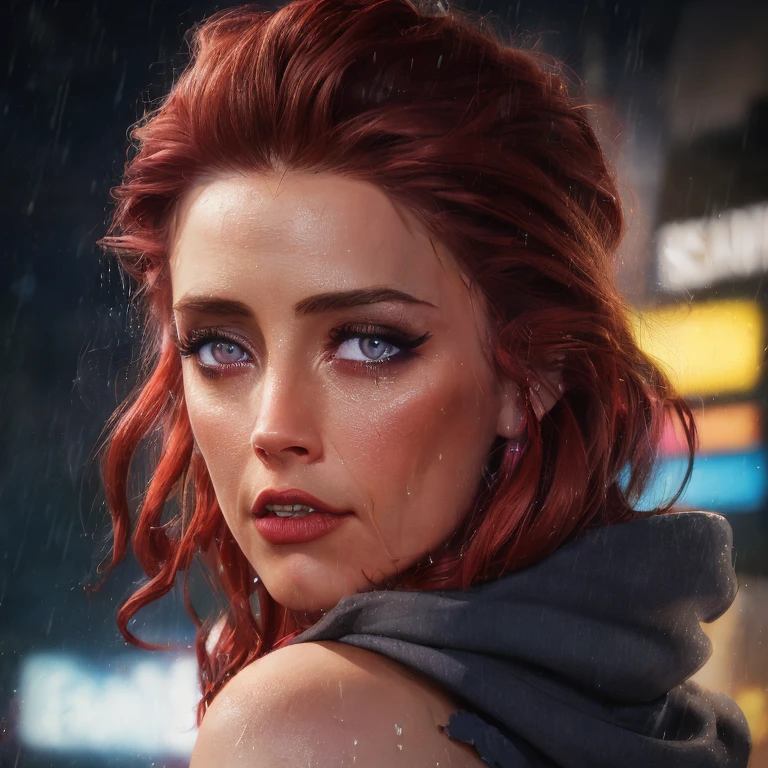 best quality, masterpiece, cinematic, realistic, cyberpunk, cyberpunk city, neon, volumetric lighting, black sky, (raining, thunderstorm), 1girl, (scarlet witch clothing, hoodie, pants, punk clothes), (flowing red hair), water reflecting off ground, ((hidden face)), close up, (torn clothes), bubble butt, No-one18, dark blue eyes