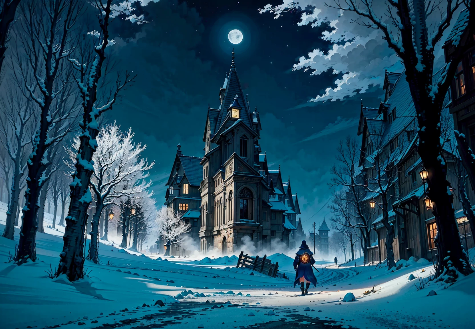 Irithyll of the Boreal Valley is a frozen city that lies beyond a dark and twisted forest. The city is shrouded in perpetual night, illuminated only by the pale moonlight and the blue flames of its inhabitants. The city is full of elegant architecture, statues and paintings that reflect its ancient and noble history. However, it is also a place of horror and madness, where monstrous creatures roam the streets and dungeons, and where a tyrannical sorcerer rules with an iron fist. The city is home to secrets and mysteries that await those who dare to venture into its depths.
no humans
