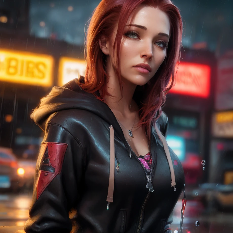 best quality, masterpiece, cinematic, realistic, cyberpunk, cyberpunk city, neon, volumetric lighting, black sky, (raining, thunderstorm), 1girl, (scarlet witch clothing, hoodie, pants, punk clothes), (flowing red hair), water reflecting off ground, bubble butt, No-one27, (dark brown eyes), big breasts, closed mouth