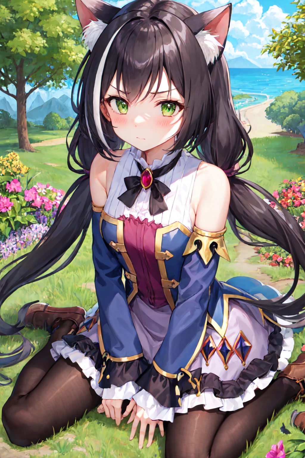 masterpiece, best quality, ultra-detailed,1girl, bangs, bare shoulders, black pantyhose, blush, boots, bow, breasts, brooch, brown footwear, closed mouth, detached sleeves, dress, frilled dress, frilled skirt, frills, green eyes, hair bow, jewelry, karyl, long sleeves, looking at viewer, low twintails, pantyhose, purple bow, sitting, skirt, sleeveless, sleeveless dress, solo, tail, twintails, wariza <lora:karylV1>