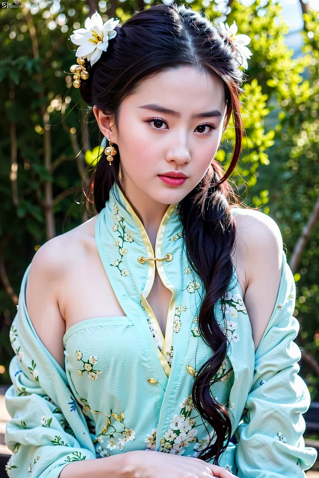 masterpiece, best quality, 1girl, aqua eyes, black hair, closed mouth, earrings, multicolored background, jewelry, looking at viewer,  double bun, outdoors, solo, upper body,  ((perfect female figure)) narrow waist, chinese deity, looking at viewer, seductive posture, sexy pose, alluring, clean, beautiful face, pure face, pale skin, ((hanfu,chinese clothes)),