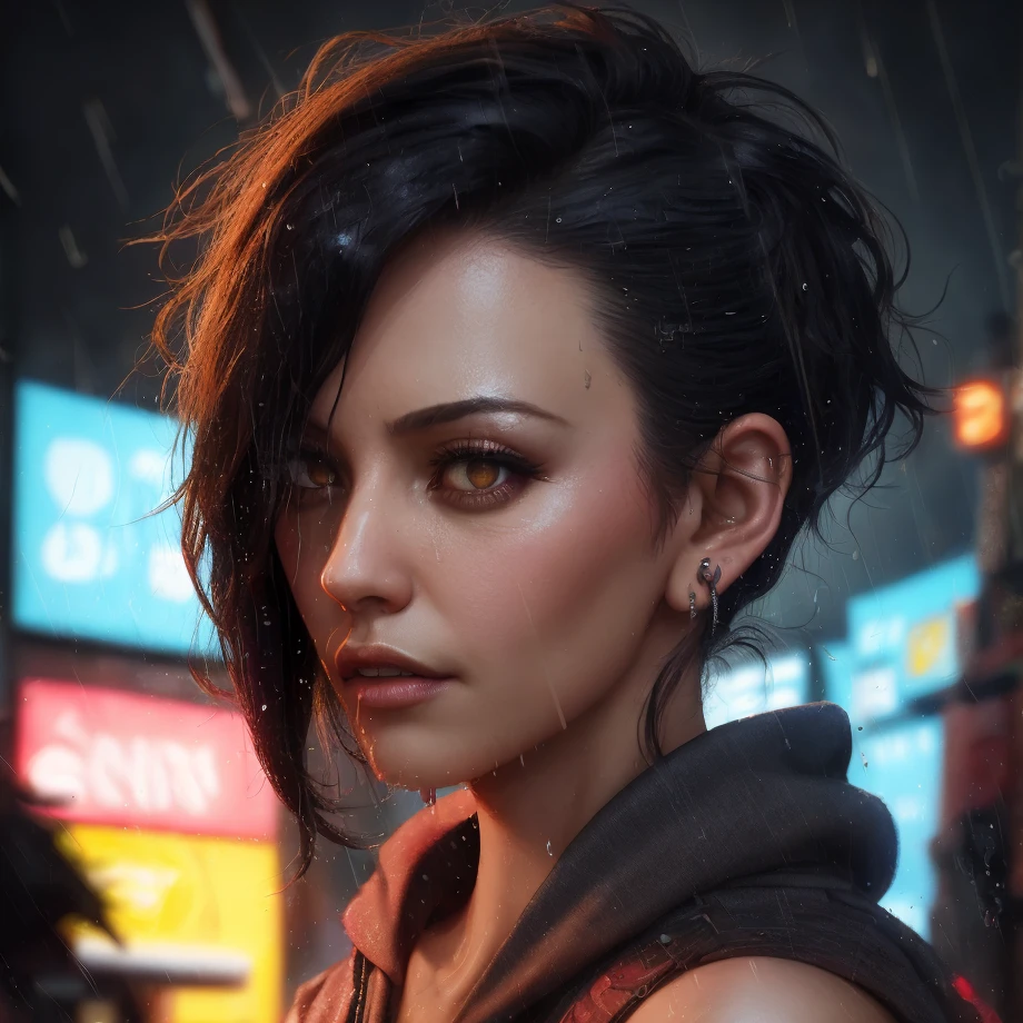 best quality, masterpiece, cinematic, realistic, cyberpunk, cyberpunk city, neon, volumetric lighting, black sky, (raining, thunderstorm), 1girl, (cyberpunk clothing, hoodie, pants, punk clothes), (flowing black hair), water reflecting off ground, bubble butt, No-one28, (dark brown eyes), big breasts, closed mouth