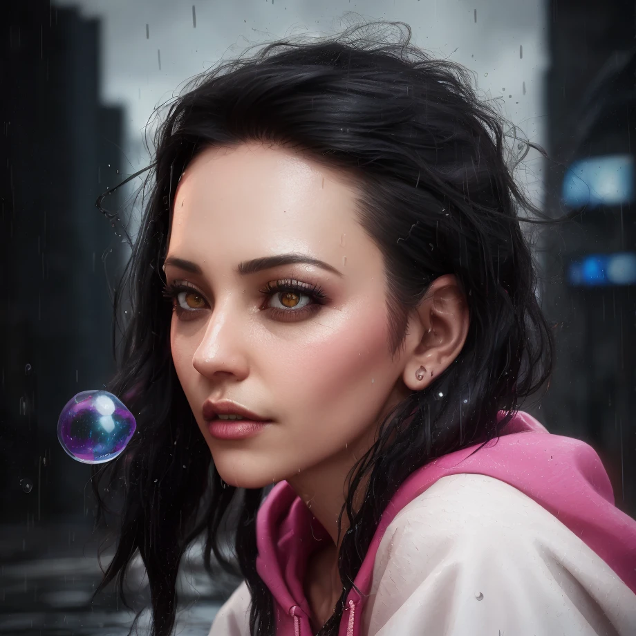 best quality, masterpiece, cinematic, realistic, cyberpunk, cyberpunk city, neon, volumetric lighting, black sky, (raining, thunderstorm), 1girl, (cyberpunk clothing, hoodie, pants, punk clothes), (flowing black hair), water reflecting off ground, bubble butt, No-one28, (dark brown eyes), big breasts, closed mouth