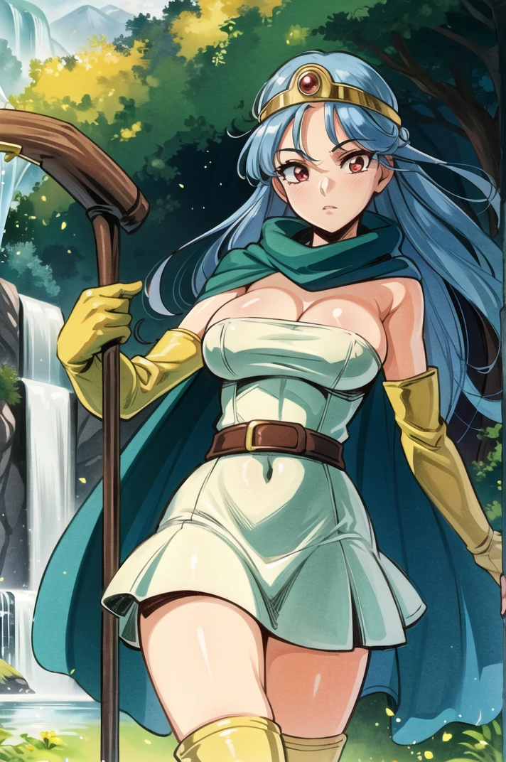 masterpiece, best quality, ultra-detailed, illustration, sage_(dq3), 1girl, (holding staff, staff:1.3), solo, long hair, blue hair, circlet, red eyes, large breasts, yellow gloves, white dress, belt, cape, boots, cleavage, bare shoulders, underwear, cowboy shot, grass, waterfall<lora:DQ3Sage:0.7>