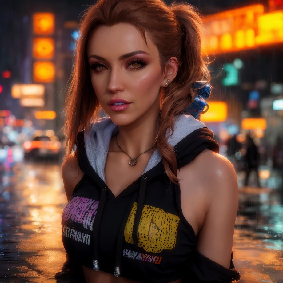 best quality, masterpiece, cinematic, realistic, cyberpunk, cyberpunk city, neon, volumetric lighting, black sky, (raining, thunderstorm), 1girl, (cyberpunk clothing, hoodie, pants, punk clothes), (flowing brown hair), water reflecting off ground, bubble butt, No-one29, (dark brown eyes), big breasts, closed mouth