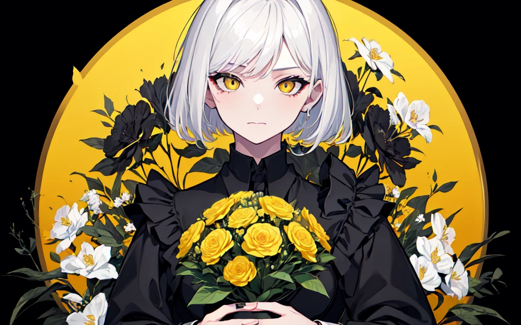 (best quality, masterpiece), (1girl, solo, black suit, standing , looking at viewer, white hair, yellow eyes, closed mouth, upper body), (giant black bouquet background, floral_background)
