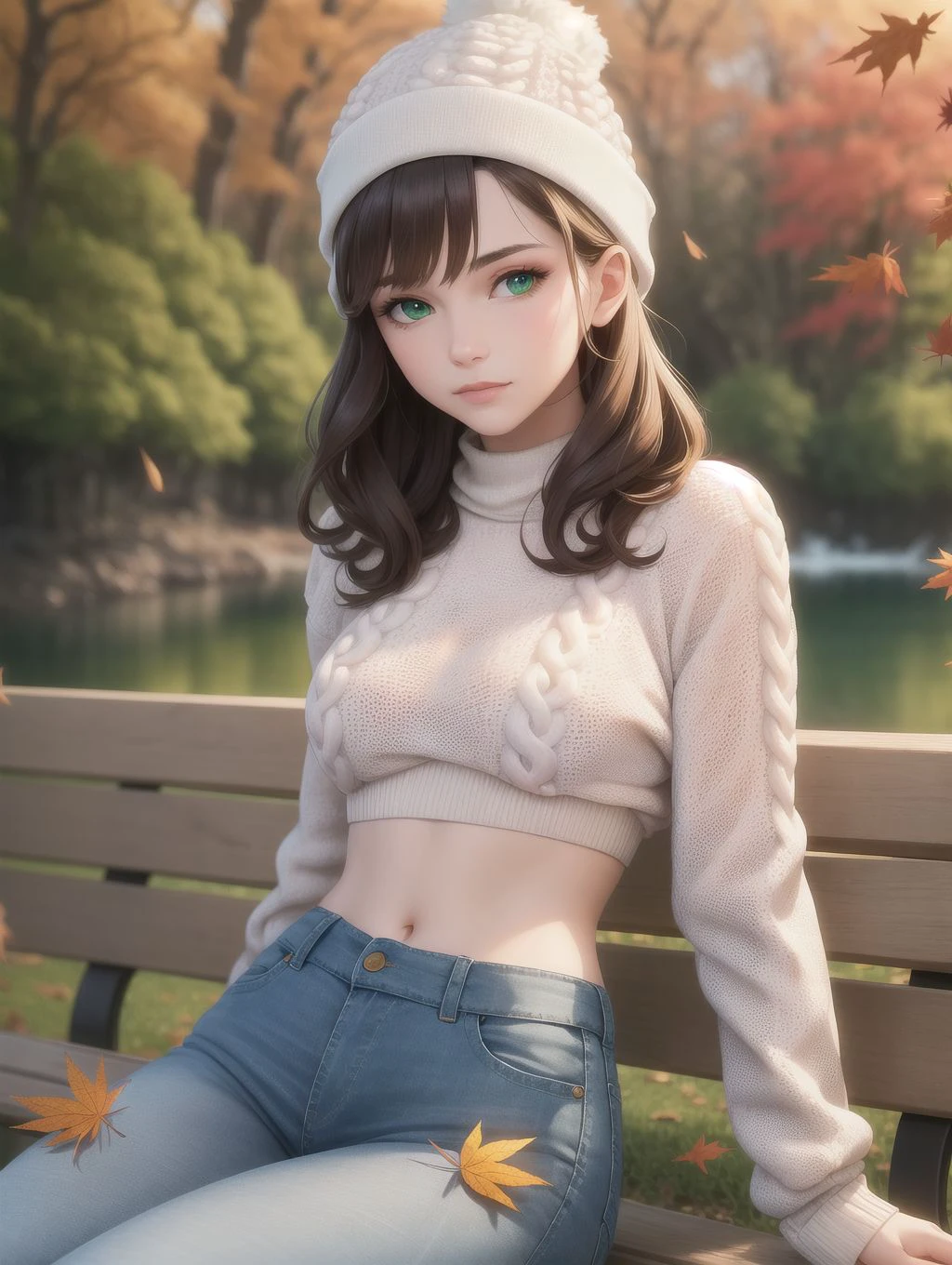 solo, masterpiece, best quality, medium shot of a beautiful woman in an autumn forest leaning back on a park bench, lake with a beautiful waterfall, vivid autumn trees, surrounded by falling leaves, perfect face, (green eyes:1), fit, curly brunette hair, (white beanie:1.2), (cropped knit sweater:1.2), (ripped skinny jeans)