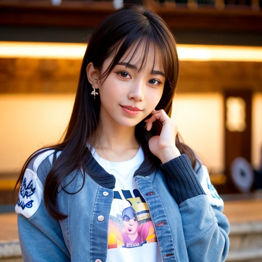 (goddess-like happiness:1.2), Kpop idol, Koean mix, (RAW photo:1.2), (photorealistic:1.4), (masterpiece:1.3), (intricate details:1.2), delicate, beautiful detailed, (detailed eyes), (detailed facial features), ((varsity jacket with tshirt inside:1.5)), tall female, petite, small breasts, narrow waist, skin tight, (looking_at_viewer), from_front, big circle earrings, slim_legs, (skinny), (best quality:1.4), (ultra highres:1.2), cinema light, outdoors, (extreme detailed illustration), (lipgloss, eyelashes, best quality, ultra highres, depth of field, caustics, Broad lighting, natural shading, 85mm, f/1.4, ISO 200, 1/160s:0.75), <lora:TWbabe3:0.8>