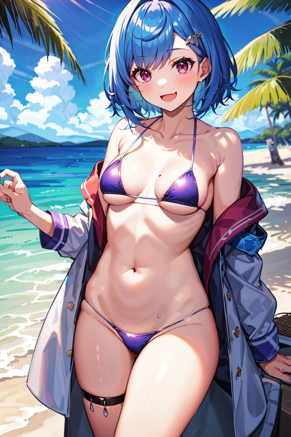 masterpiece, best quality, highres, 1girl, solo, fang, blue hair, skin fang, short hair, (mole on thigh:0.8), bangs, hair behind ear, purple eyes, hair ornament, open mouth, beach, micro bikini, smile, <lora:nishizono_chigusa_v10:0.6>,