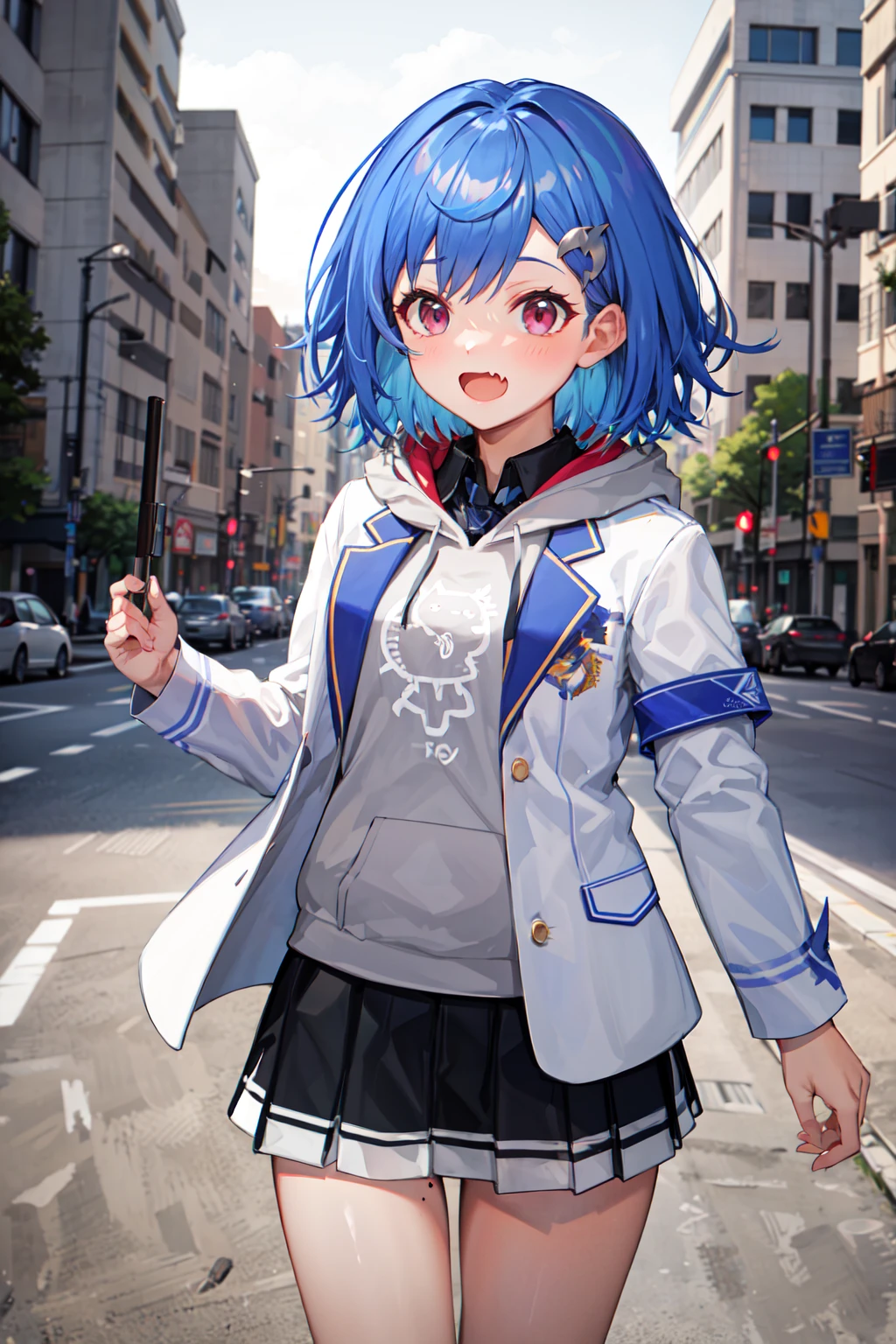 masterpiece, best quality, highres, 1girl, solo, grey hoodie, fang, blue hair, skin fang, blazer, short hair, white jacket, (mole on thigh:0.8), bangs, black skirt, hair behind ear, black socks, collared shirt, purple eyes, pleated skirt, armband, hair ornament, <lora:nishizono_chigusa_v10:0.8>, walking cowboy shot, smile, closed mouth, city, building, open mouth,