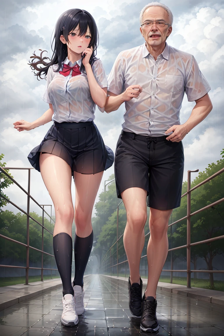 ((masterpiece,best quality, detailed)), ultra-detailed, detailed hair, hard rim lighting,((dramatic lighting)),sharp focus,full body,old father,1girl,1BOY,girl in school uniform, boy in shirt,running,see-through, rain,wet, shoes, wet clothes, black hair, sky,hand over face,