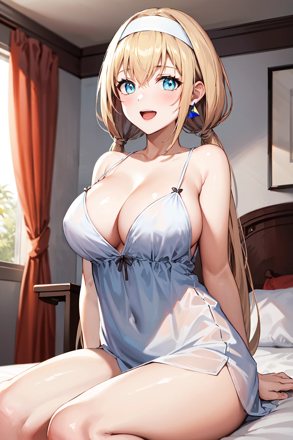 masterpiece, best quality, highres, 1girl, blonde hair, twintails, breasts, low twintails, hairband, long hair, blue eyes, earrings, white hairband, triangle earrings, large breasts, hair behind ear, bangs, mitsuba1, <lora:mitsuba_greyvalley_v1:0.6>, room, negligee, sitting,, smile, open mouth,