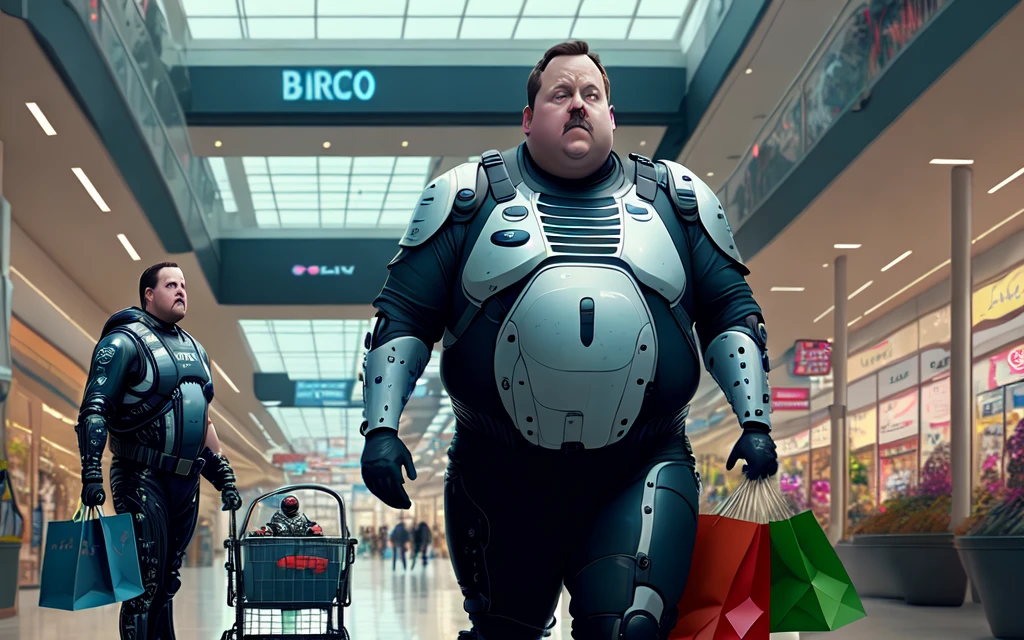 sloppy cyborg paul blart patrolling an orca futurism shopping sloppy mall