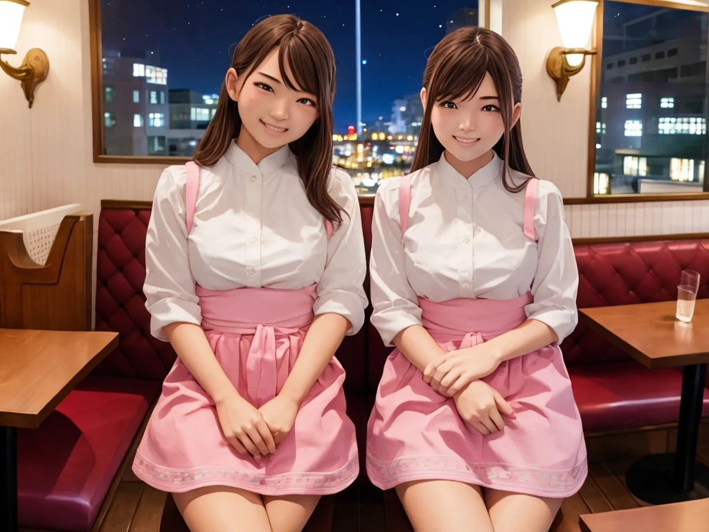 masterpiece, best quality, ultra-detailed, illustration,
AMSC,2girls, waitress, brown hair, restaurant, photo background, smile, table, indoors, own hands together, pink skirt, pantyhose, chair, see-through, night
<lora:AMSC:0.6>