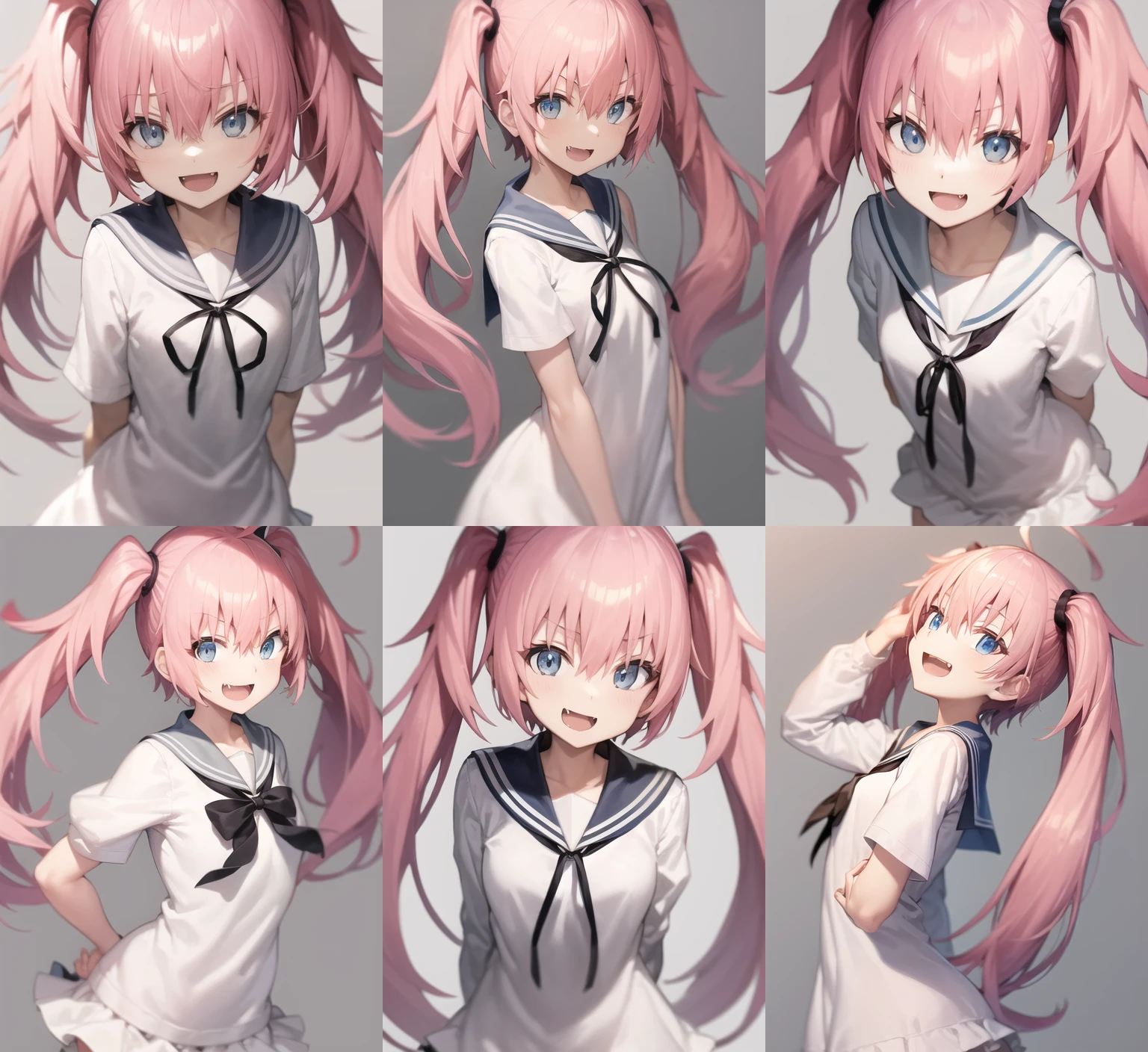 <lora:milimF-000020:1>, rnd1, capriccio, arms behind back, dress, fang, grey background, hair between eyes, open mouth, sailor dress, short dress, simple background, smile, solo, very long hair, white dress