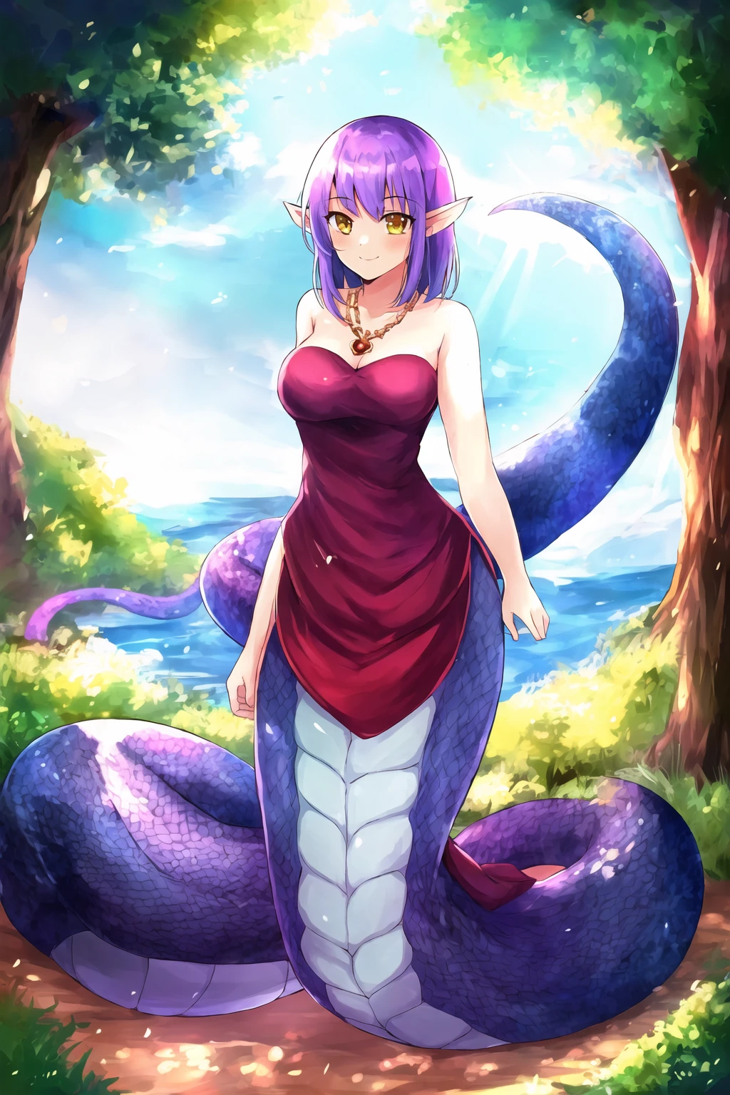 1girl, lamia, scales, tail, standing, full body, smile,, masterpiece, best quality, masterpiece,