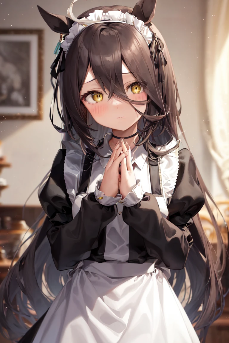 masterpiece, best quality,
manhattan cafe \(umamusume\),
looking at viewer, closed mouth, steepled fingers, own hands together,
black choker, maid headdress, maid apron, long sleeves, enmaided, black dress, blush, puffy sleeves, collared dress, white apron, juliet sleeves, ascot, frilled apron,
<lora:manhattan_cafe_loha:0.7>