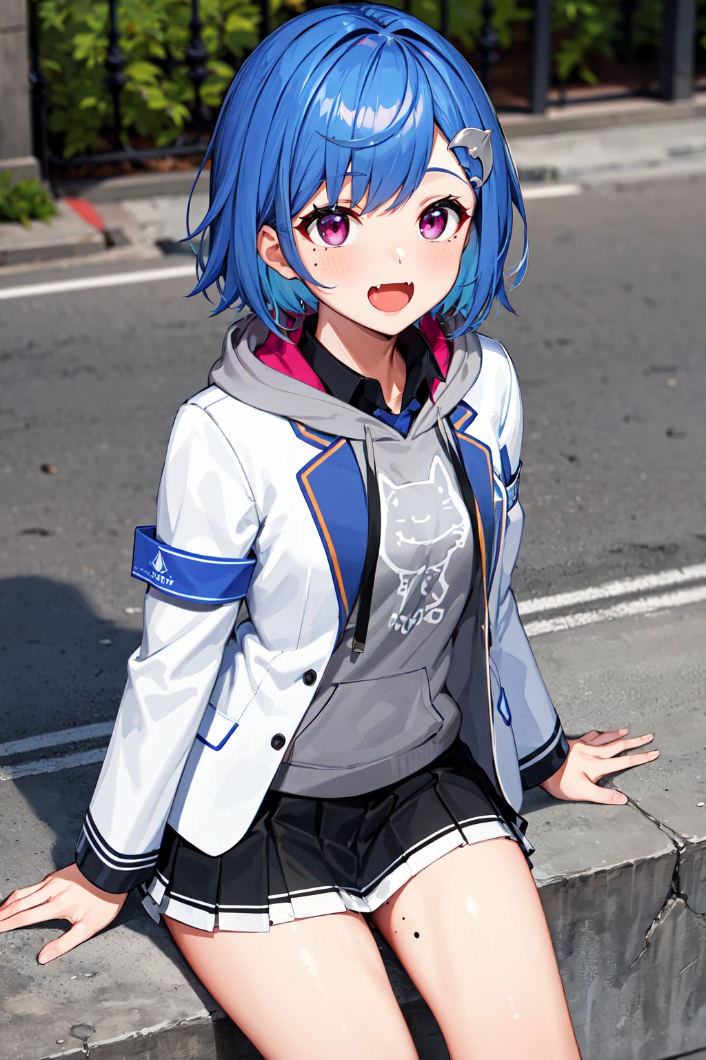 masterpiece, best quality, highres, 1girl, solo, grey hoodie, fang, blue hair, skin fang, blazer, short hair, white jacket, (mole on thigh:0.8), bangs, black skirt, hair behind ear, black socks, collared shirt, purple eyes, pleated skirt, armband, mole, hair ornament, open mouth, outdoors, smile, <lora:nishizono_chigusa_v10:0.6>
