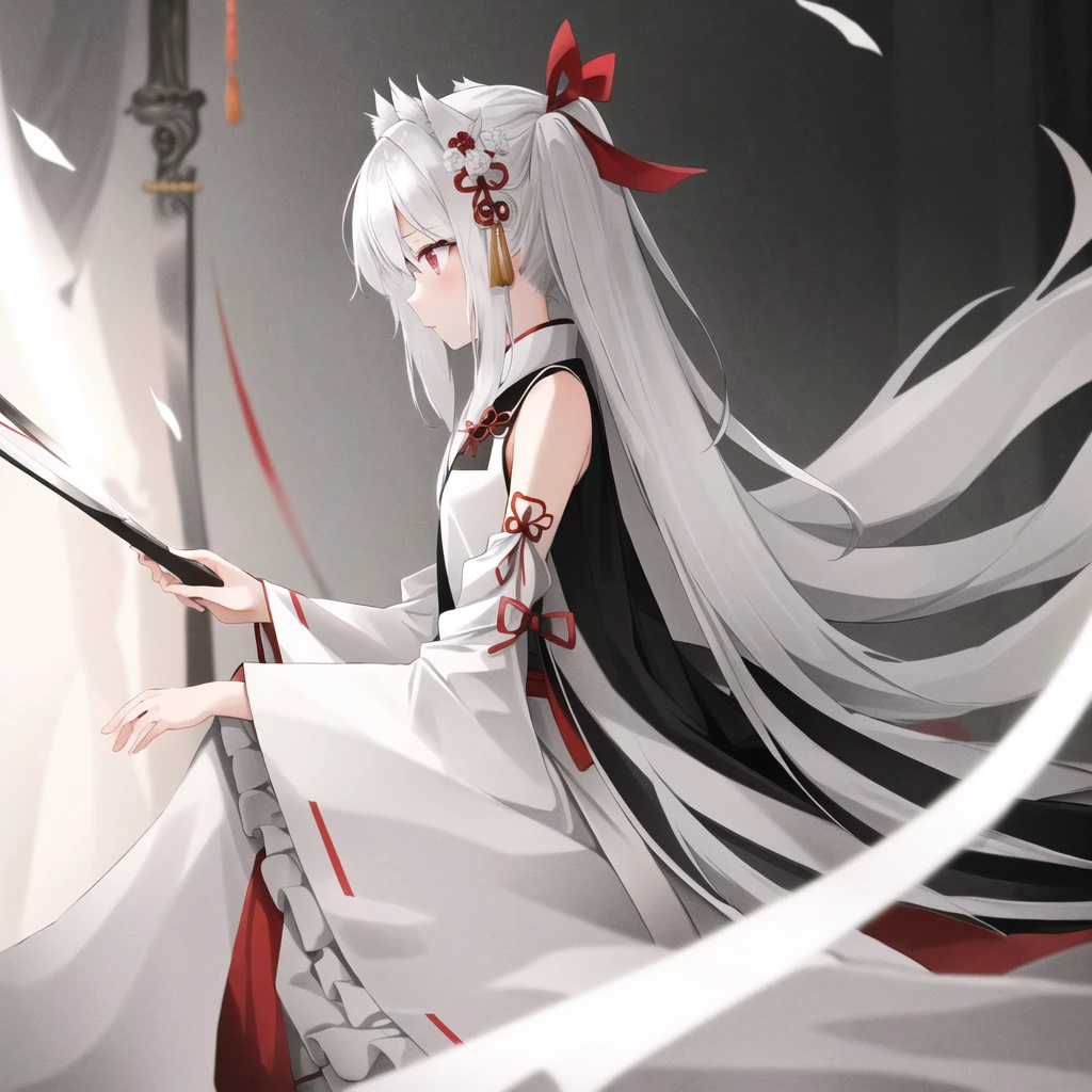 (black and white:1.2), partially colored,(best quality), ((masterpiece)), extremely detailed 8K wallpaper, (an extremely delicate and beautiful), wide shot,motion picture,grayscale,(profile:1.1), equinox flowera in hand,1girl,solo,red eyes,light eyes,white hair,(flay chest:1.2),(hanfu:1.4),detached sleeves,navel,(nine white tails:1.45),white fox ears,([red bow hair ornament:red ribbon:0.5]:1.2)