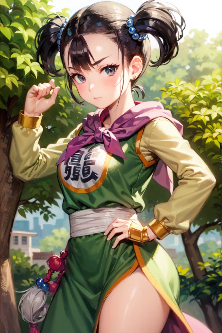 (masterpiece, best quality:1.1), fighter (dq3), 1girl, solo, long hair, twintails, looking at viewer, black hair, hair ornament, long sleeves, dress, medium breasts, closed mouth, cowboy shot, black eyes, arm up, chinese clothes, hair bobbles, clenched hand, fighting stance, yin yang simple background   <lora:DQ3FIGHTER-000005:1>