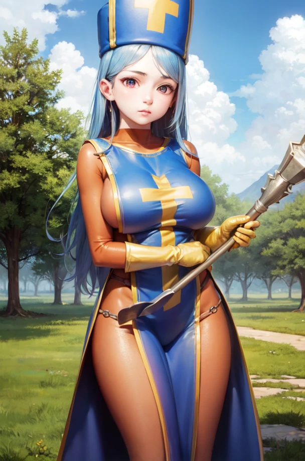 (masterpiece, best quality:1.1), priest \(dq3\), 1girl, solo, long hair, blue hair, red eyes, mitre, tabard, cross print, orange bodysuit, elbow gloves, large breasts, holding, staff, nature, blue sky <lora:DQ3PRIEST-000005:1>