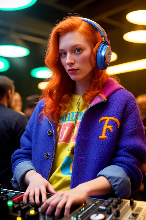 beautiful American college redhead girl dj, colorful clothes, quirky, vibrant appearance, playful accessories, creative behavior, imaginative, sensual, spontaneous, dj headphones, mixing console, music club, night club, people dancing on the dance floor background, hyper detailed, detailed face,, POV, by lee jeffries nikon d850 film stock photograph 4 kodak portra 400 camera f1.6 lens rich colors hyper realistic lifelike texture dramatic lighting unrealengine trending on artstation cinestill 800,