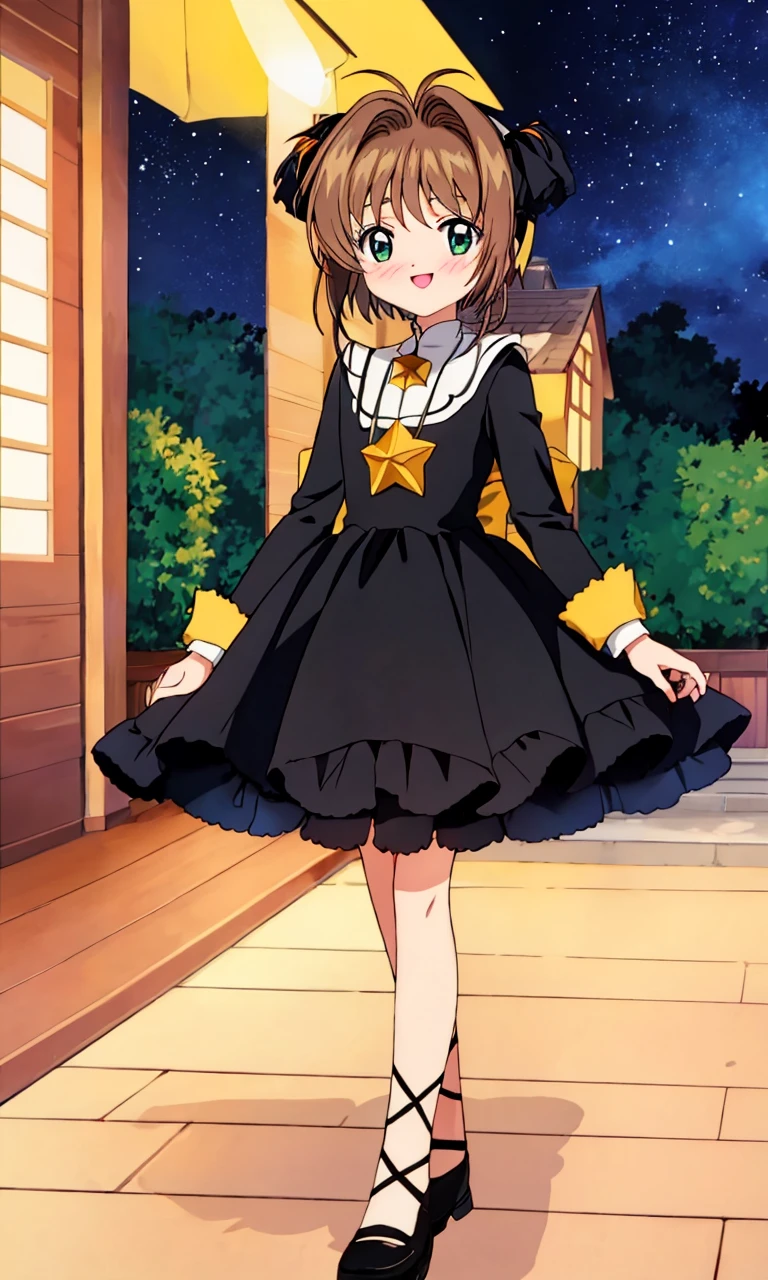 masterpiece, 1girl, petite, (kinomoto sakura), smiling, looking at the viewer, full body, blush
BREAK
very detailed, full of detail, wearing black (costume), outside, night, starry sky, shooting star