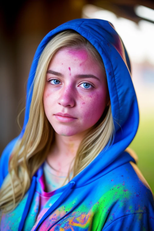 beautiful American college girl, wearing hoodie, looking at viewer, holi color festival, portrait, hyper detailed, detailed face,, POV, by lee jeffries nikon d850 film stock photograph 4 kodak portra 400 camera f1.6 lens rich colors hyper realistic lifelike texture dramatic lighting unrealengine trending on artstation cinestill 800,