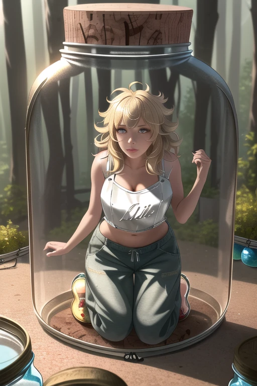 (in glass jar:1.45), jam jar, trapped, cramped, front view, masterpiece, best quality, 1girl, medium hair, very messy hair, blonde hair, large breasts, crop top, baggy pants,  shocked, kneeling, shrunken <lora:Girls in Glass Jars v3:0.5>, nature background, detailed, realistic, hyper detailed, facial details, cork, seal, lid, cap, defined, eyes, lips,