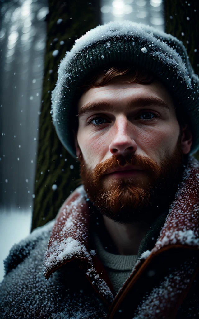 a closeup portrait photo of a man in a winter forest, peaceful, volumetric lighting, soft focus
