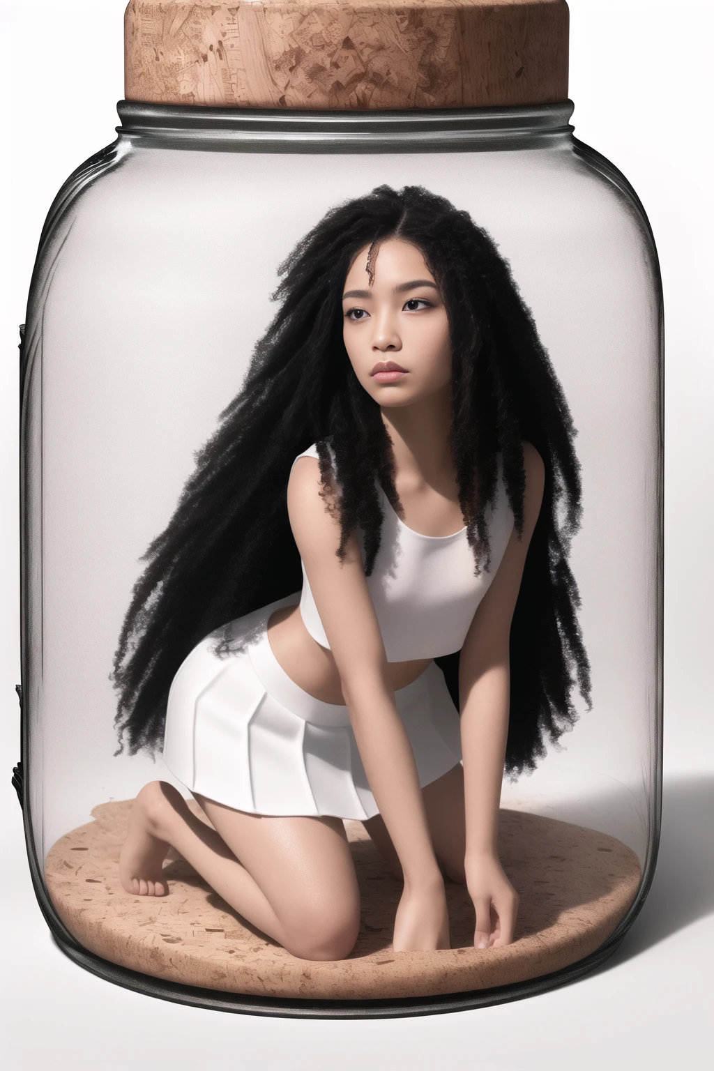 (in glass jar:1.45), jam jar, trapped, cramped, front view, masterpiece, best quality, 1girl, absurdly long hair, curly hair, black hair, small breasts, blue crop top, white skirt,  embarassed, kneeling, shrunken <lora:Girls in Glass Jars v3:0.5>, black background, detailed, realistic, hyper detailed, facial details, cork, seal, lid, cap, defined, eyes, lips,