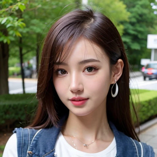 (goddess-like happiness:1.2), Kpop idol, Koean mix, (RAW photo:1.2), (photorealistic:1.4), (masterpiece:1.3), (intricate details:1.2), delicate, beautiful detailed, (detailed eyes), (detailed facial features), ((varsity jacket with tshirt inside:1.5)), tall female, petite, small breasts, narrow waist, skin tight, (looking_at_viewer), from_front, big circle earrings, slim_legs, (skinny), (best quality:1.4), (ultra highres:1.2), cinema light, outdoors, (extreme detailed illustration), (lipgloss, eyelashes, best quality, ultra highres, depth of field, caustics, Broad lighting, natural shading, 85mm, f/1.4, ISO 200, 1/160s:0.75), <lora:TWbabe3:0.5>