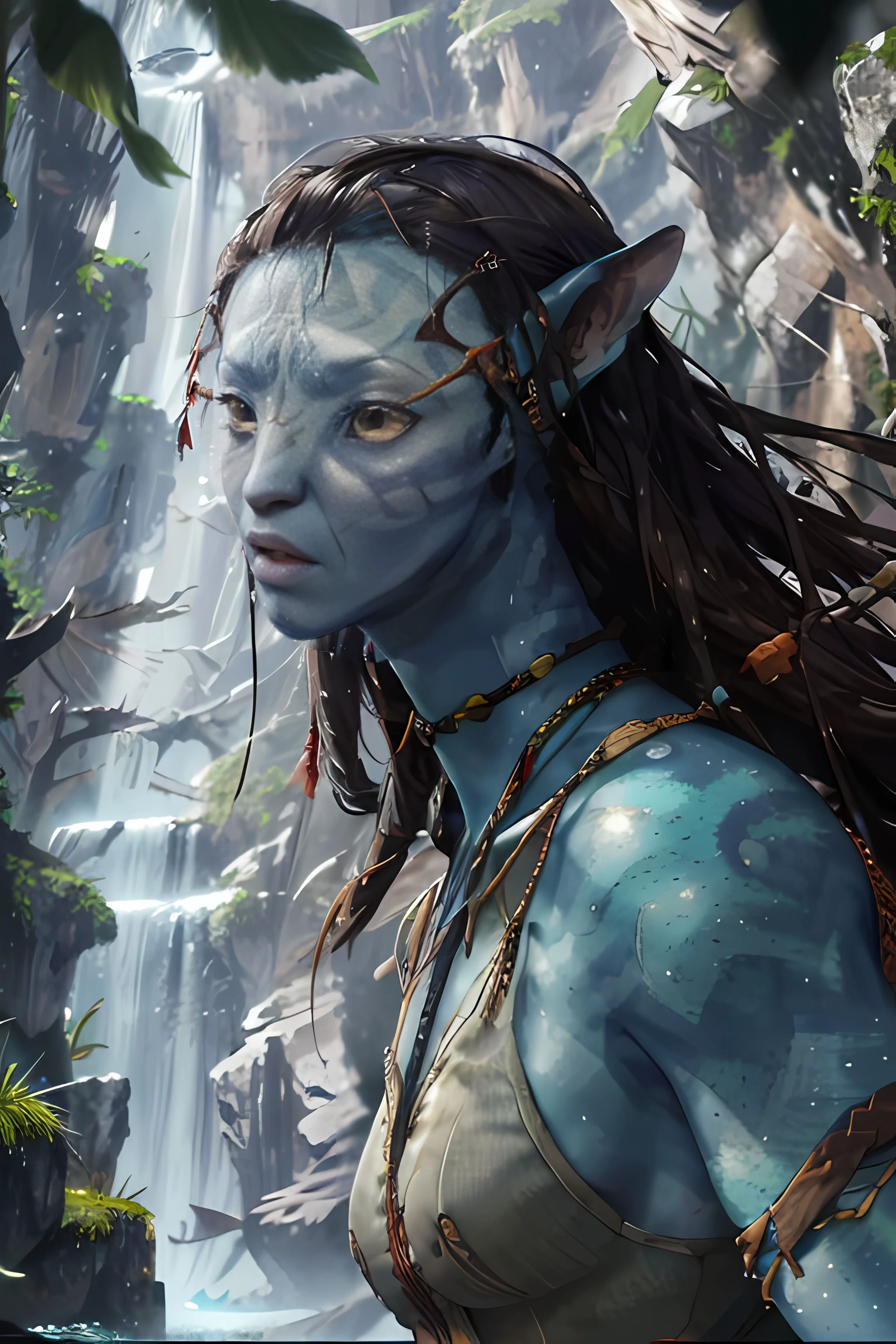 (Masterpiece, High res), <lora:AllOutNa'vi_V1:0.78>, Avatar girl hunting, water, IMAX, chromatic aberration, depth of field, ocean, waterfall, blue skin, dress, sci-fi, detailed, realistic, cinematic lighting, AOA, Na'vi