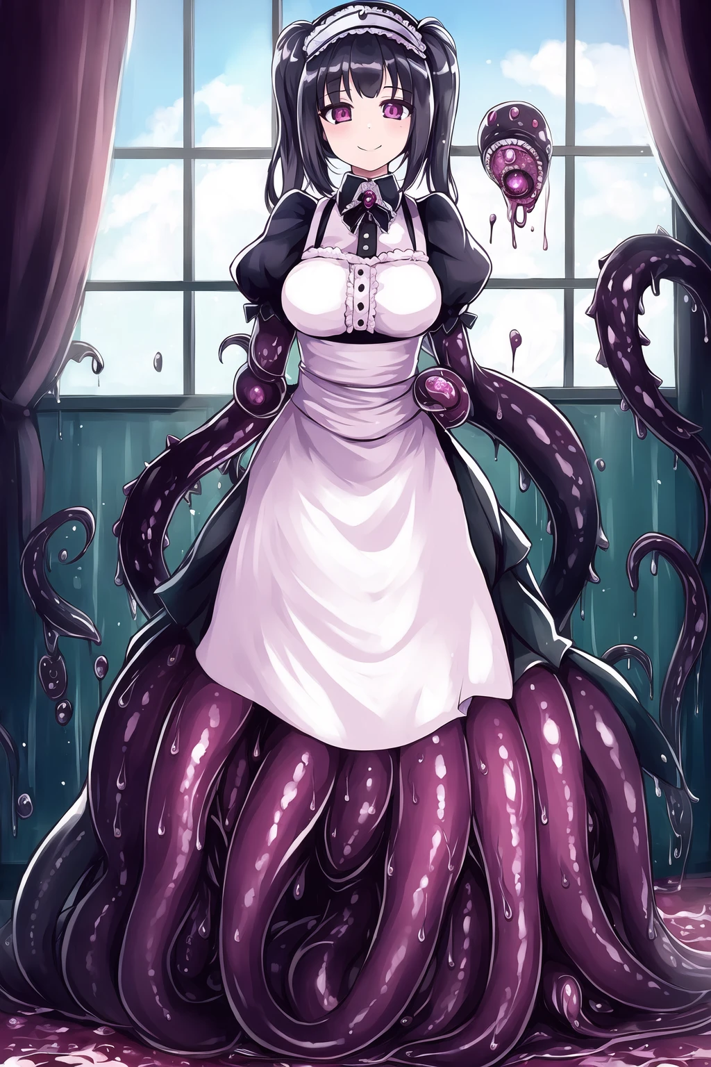 1girl, shoggoth, maid, body horror, full body, smile, masterpiece, best quality, masterpiece,