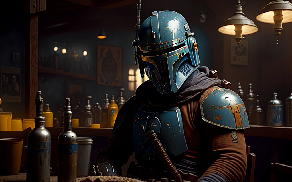 cinematic wallpaper of Jango Fett sitting in an old western cantina, film grain, gritty, soft focus, well-lit, cinematic lighting, cinematic movie still frame