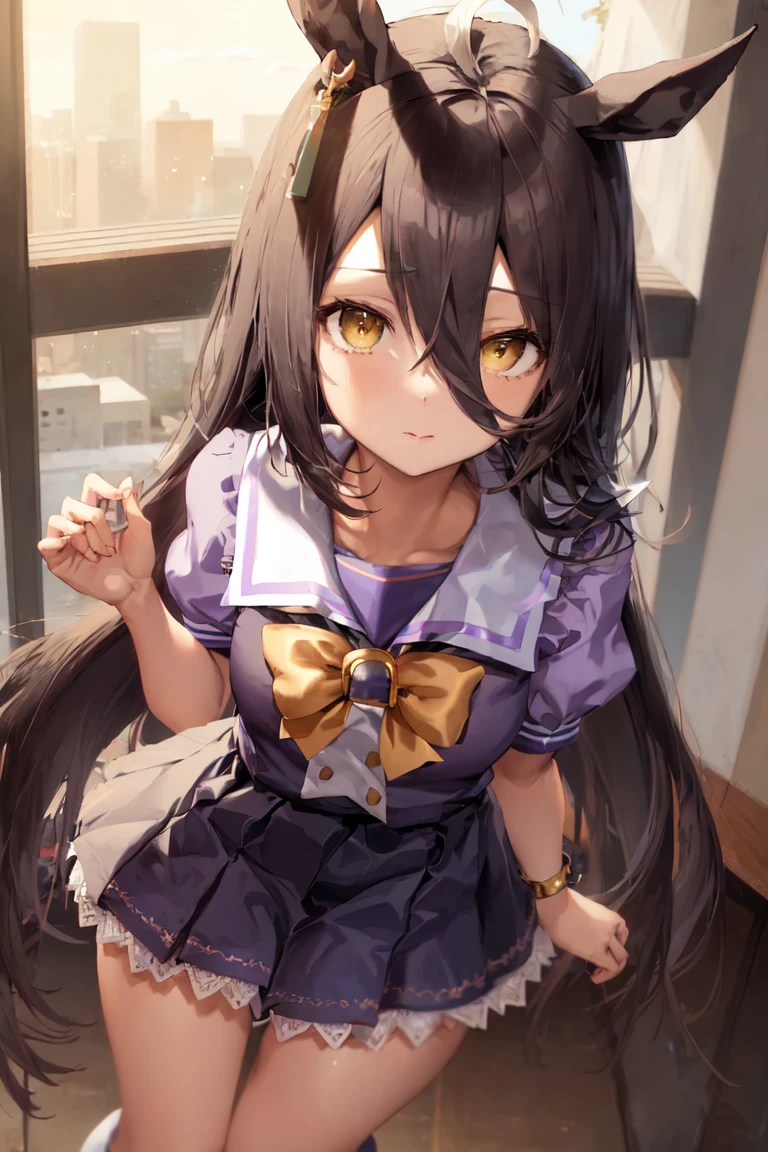 masterpiece, best quality,
manhattan cafe \(umamusume\),
from above, looking at viewer,
tracen school uniform, summer uniform, serafuku, puffy short sleeves, bowtie, horseshoe ornament, sailor collar, sailor shirt, frills, white skirt, purple shirt, miniskirt, <lora:manhattan_cafe_loha:0.7>