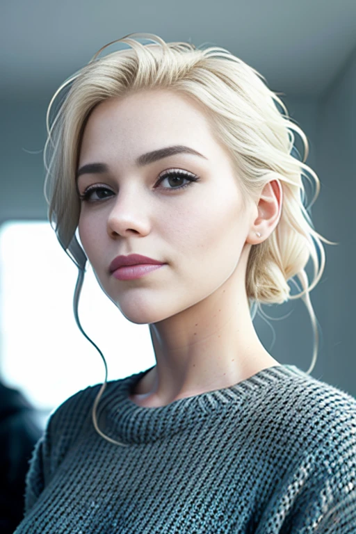 a (medium closeup) movie still, directed by Denis Villeneuve, of eliselastnamesd15, alternative rock style, e-girl makeup, grunge aesthetic, (no makeup:1.2) emo girl, punk rock, wearing an oversized sweater, sleepy, tired eyes, subtle smile