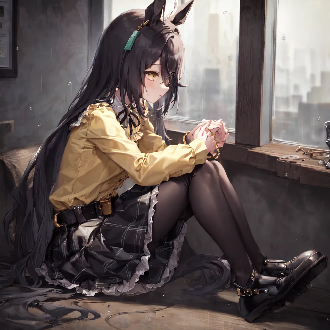 masterpiece, best quality,
manhattan cafe \(umamusume\),
glass, window, full body, rain, looking afar, sitting on chair, from side,
casual, neck ribbon, black ribbon, puffy long sleeves, bracelet, yellow shirt, collared shirt, frilled shirt collar, shirt tucked in, black belt, belt buckle, green skirt, plaid skirt, long skirt, black pantyhose, black footwear,
<lora:manhattan_cafe_loha:0.7>