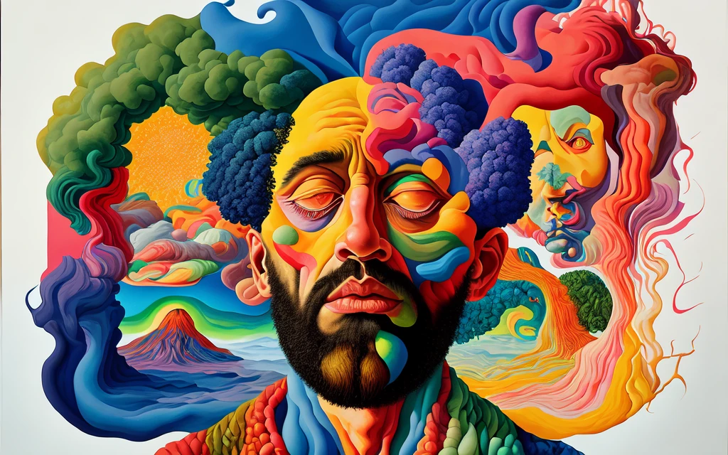 surreal gouache portrait painting of a man opening the fabric of creation, vivid colors
