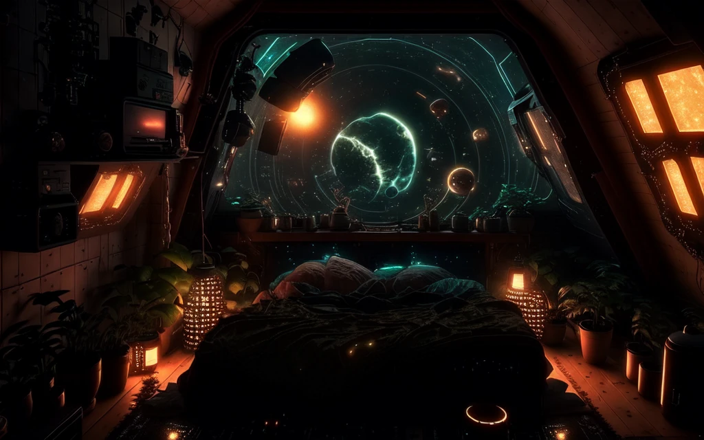 photo of a cozy space theme hackercore bedroom, low light, after hours